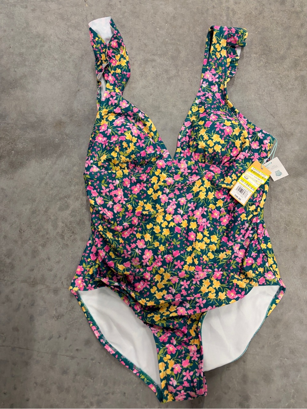 Merona Floral One-Piece Swimsuit in Green with Pink & Yellow Flowers